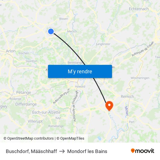 Buschdorf, Määschhaff to Mondorf les Bains map