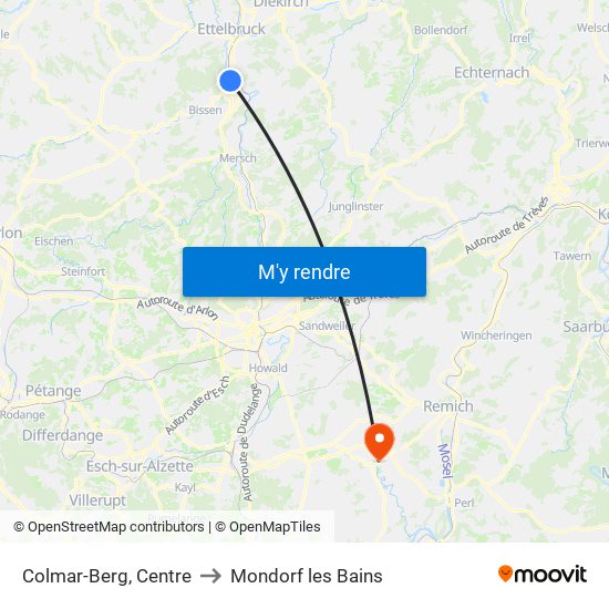 Colmar-Berg, Centre to Mondorf les Bains map