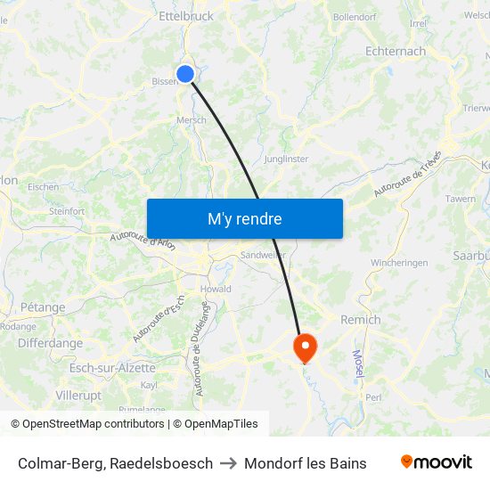 Colmar-Berg, Raedelsboesch to Mondorf les Bains map