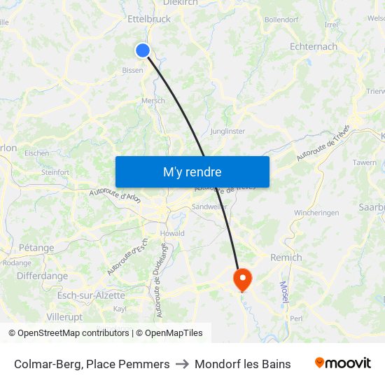 Colmar-Berg, Place Pemmers to Mondorf les Bains map