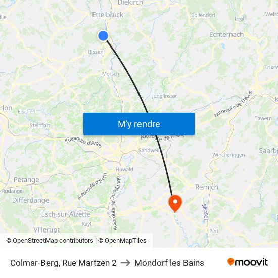 Colmar-Berg, Rue Martzen 2 to Mondorf les Bains map