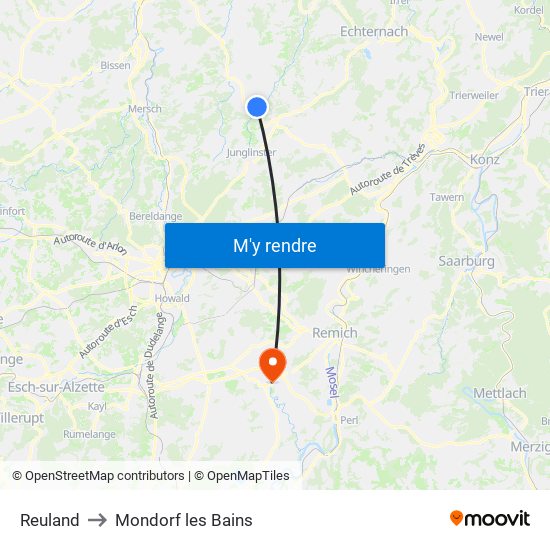 Reuland to Mondorf les Bains map