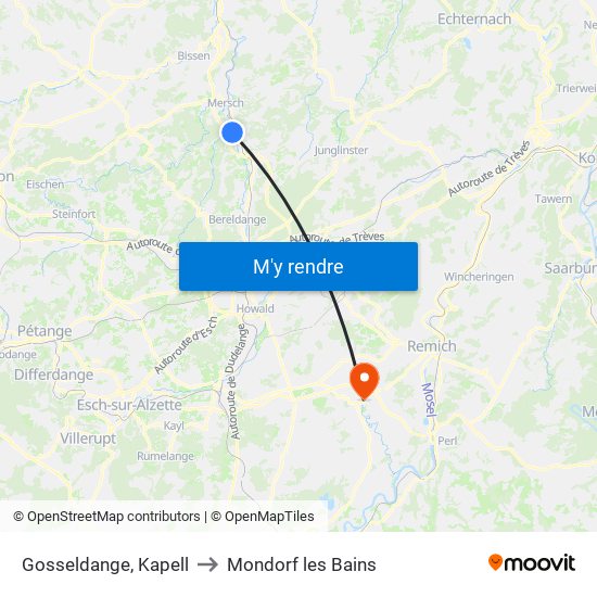 Gosseldange, Kapell to Mondorf les Bains map