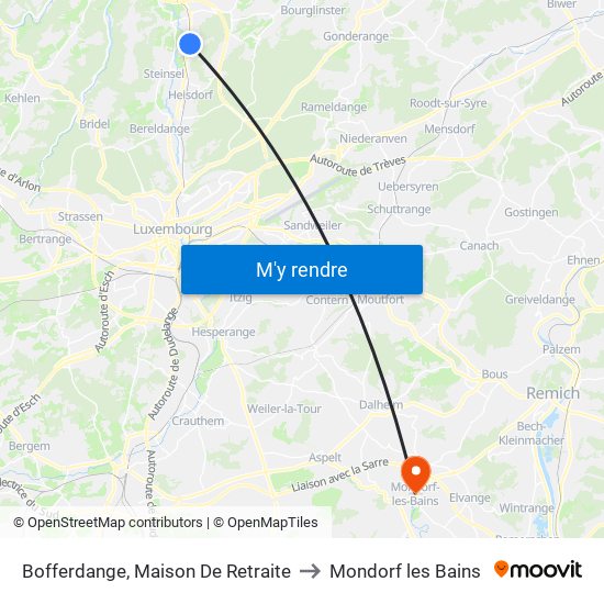 Bofferdange, Maison De Retraite to Mondorf les Bains map