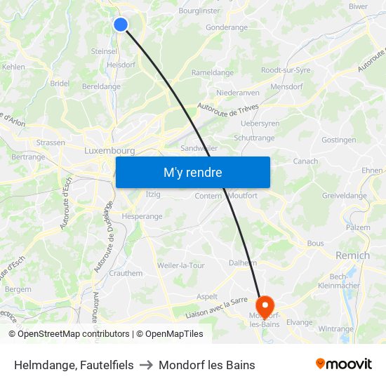 Helmdange, Fautelfiels to Mondorf les Bains map