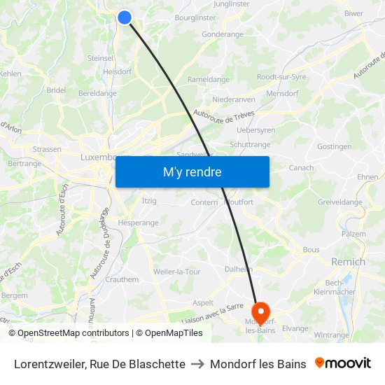 Lorentzweiler, Rue De Blaschette to Mondorf les Bains map