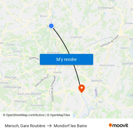 Mersch, Gare Routière to Mondorf les Bains map