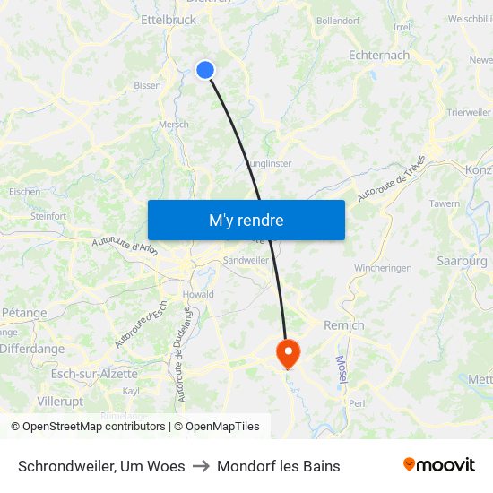 Schrondweiler, Um Woes to Mondorf les Bains map