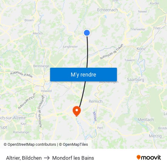 Altrier, Bildchen to Mondorf les Bains map