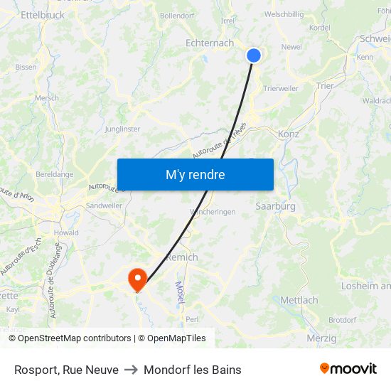 Rosport, Rue Neuve to Mondorf les Bains map