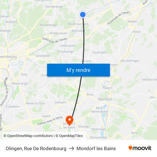 Olingen, Rue De Rodenbourg to Mondorf les Bains map