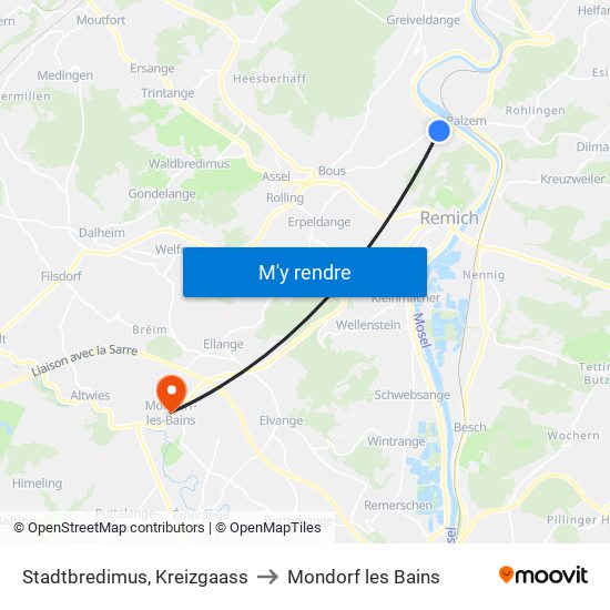 Stadtbredimus, Kreizgaass to Mondorf les Bains map