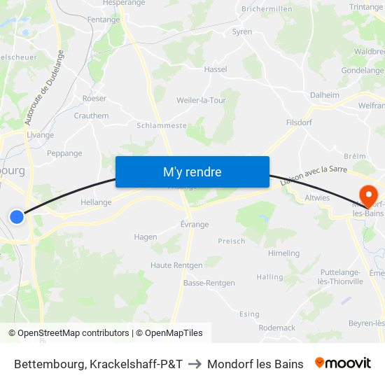 Bettembourg, Krackelshaff-P&T to Mondorf les Bains map