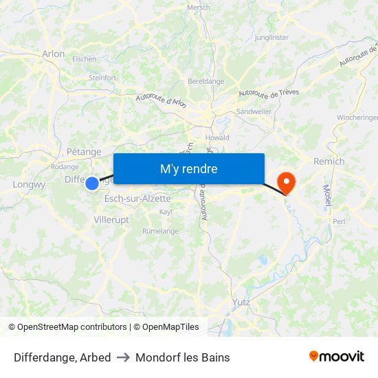 Differdange, Arbed to Mondorf les Bains map