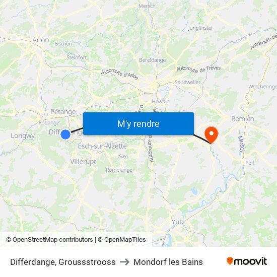 Differdange, Groussstrooss to Mondorf les Bains map