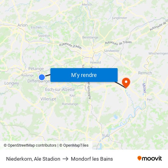 Niederkorn, Ale Stadion to Mondorf les Bains map