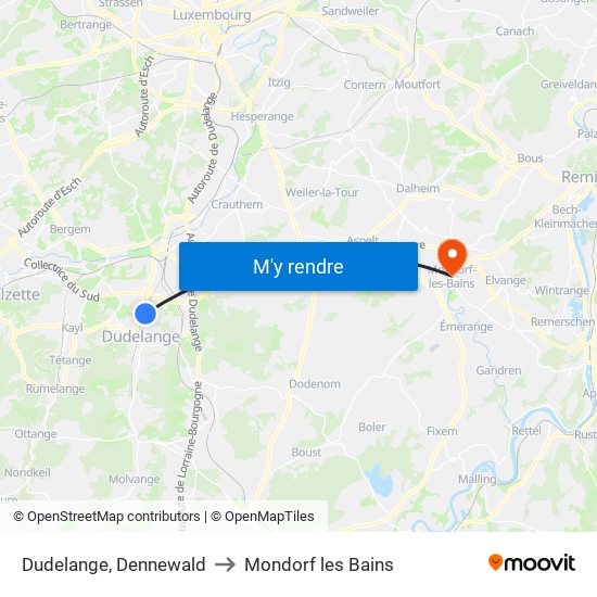 Dudelange, Dennewald to Mondorf les Bains map