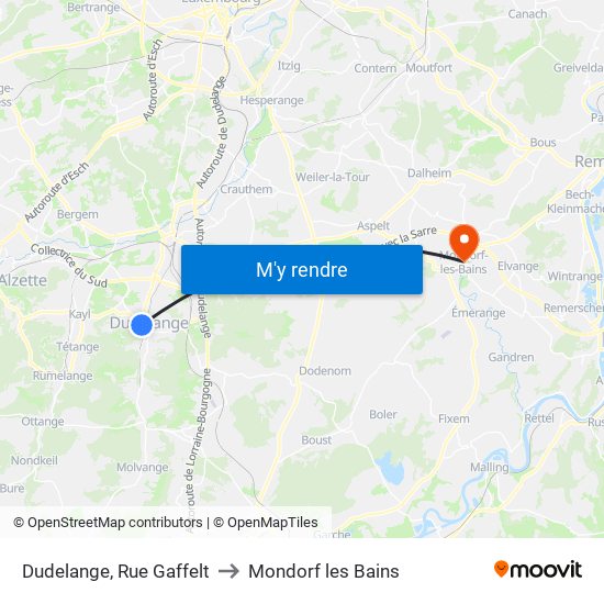 Dudelange, Rue Gaffelt to Mondorf les Bains map