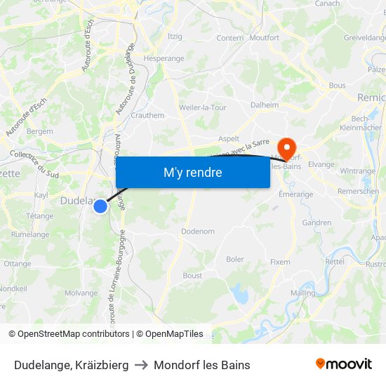 Dudelange, Kräizbierg to Mondorf les Bains map