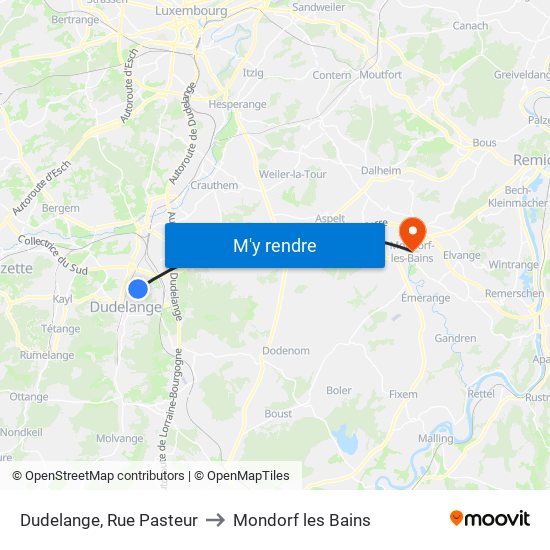 Dudelange, Rue Pasteur to Mondorf les Bains map