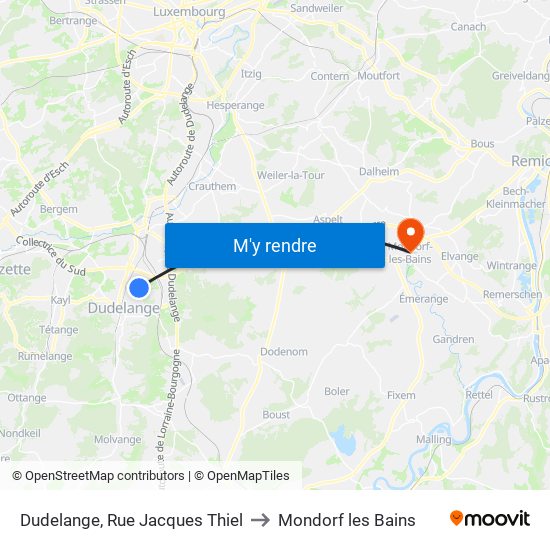 Dudelange, Rue Jacques Thiel to Mondorf les Bains map