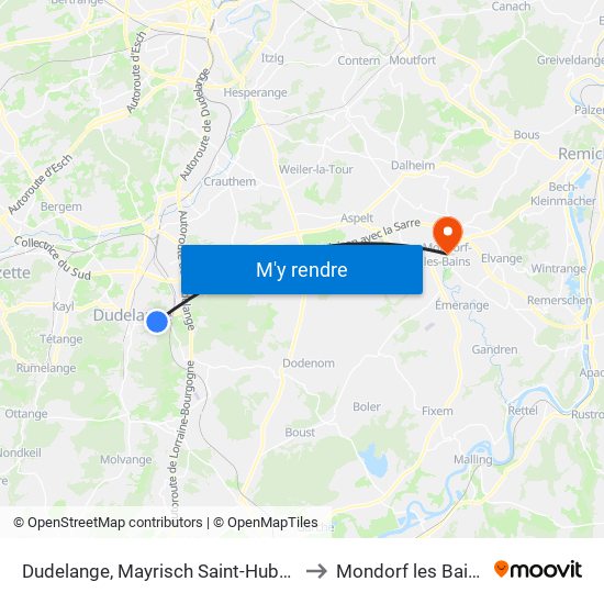 Dudelange, Mayrisch Saint-Hubert to Mondorf les Bains map
