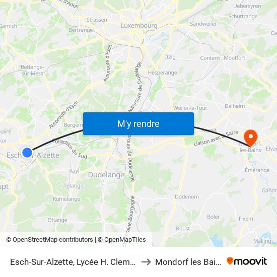 Esch-Sur-Alzette, Lycée H. Clement to Mondorf les Bains map