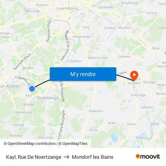 Kayl, Rue De Noertzange to Mondorf les Bains map