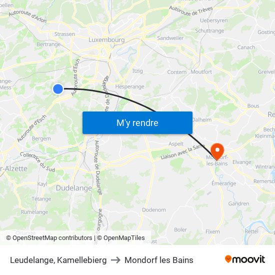 Leudelange, Kamellebierg to Mondorf les Bains map