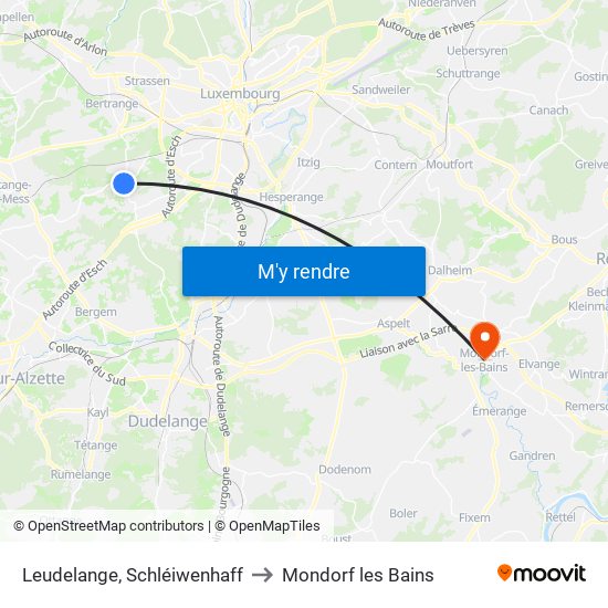 Leudelange, Schléiwenhaff to Mondorf les Bains map