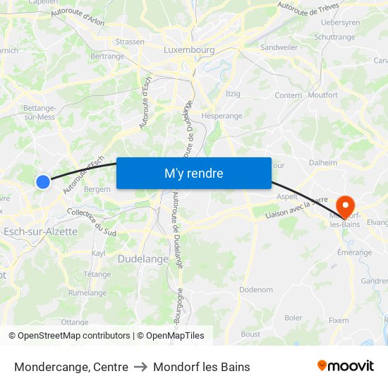 Mondercange, Centre to Mondorf les Bains map
