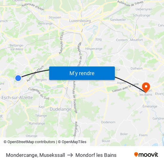 Mondercange, Musekssall to Mondorf les Bains map