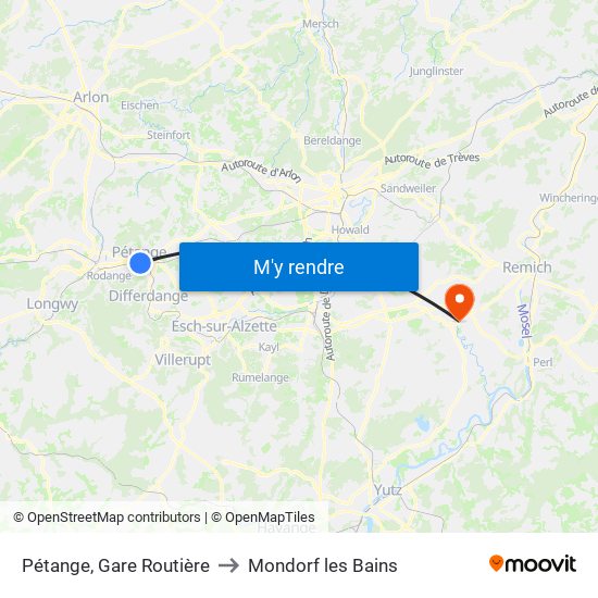 Pétange, Gare Routière to Mondorf les Bains map