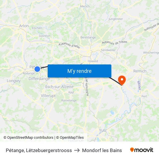 Pétange, Lëtzebuergerstrooss to Mondorf les Bains map