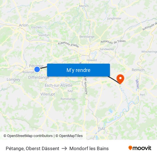 Pétange, Oberst Dässent to Mondorf les Bains map