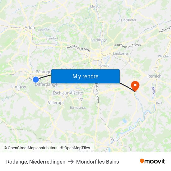 Rodange, Niederredingen to Mondorf les Bains map