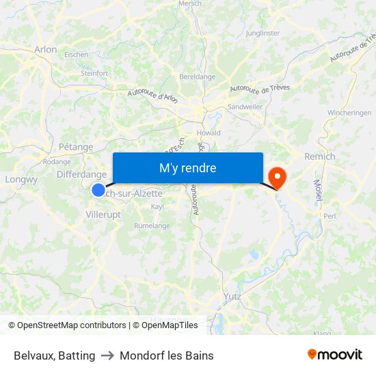 Belvaux, Batting to Mondorf les Bains map