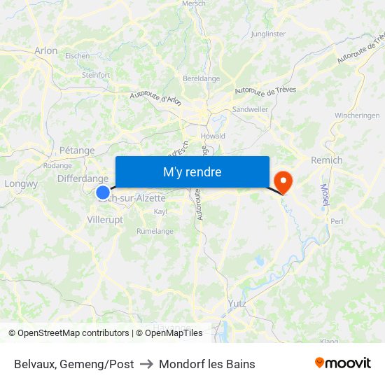 Belvaux, Gemeng/Post to Mondorf les Bains map