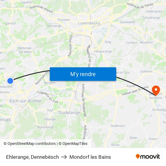 Ehlerange, Dennebësch to Mondorf les Bains map