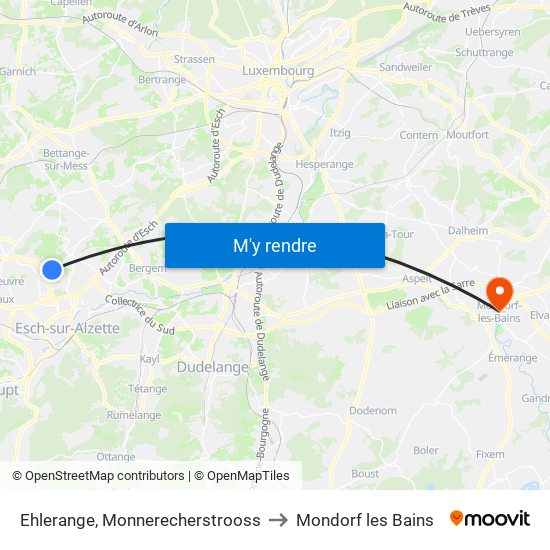 Ehlerange, Monnerecherstrooss to Mondorf les Bains map