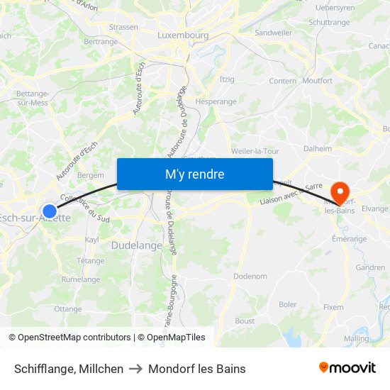 Schifflange, Millchen to Mondorf les Bains map