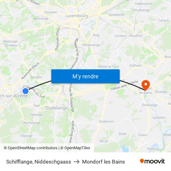 Schifflange, Niddeschgaass to Mondorf les Bains map