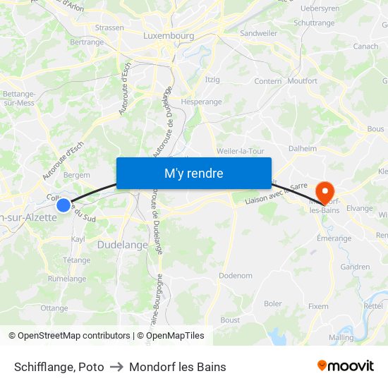 Schifflange, Poto to Mondorf les Bains map