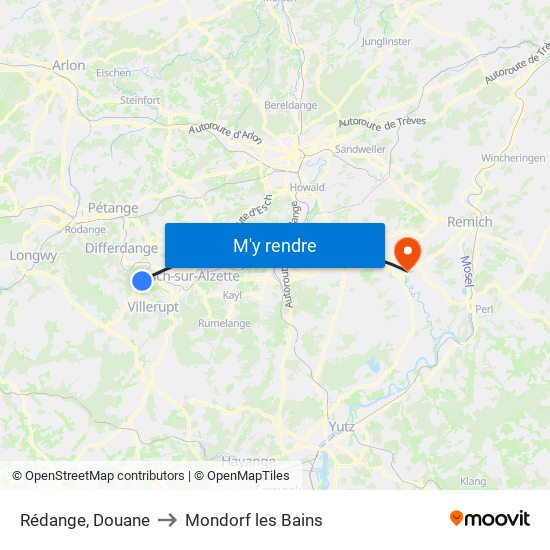 Rédange, Douane to Mondorf les Bains map