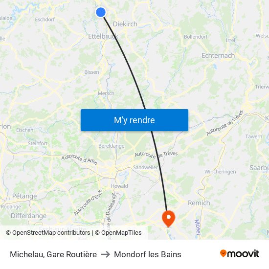 Michelau, Gare Routière to Mondorf les Bains map