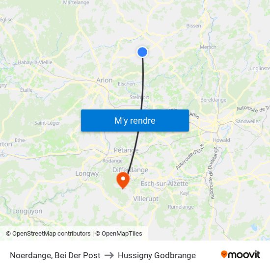 Noerdange, Bei Der Post to Hussigny Godbrange map