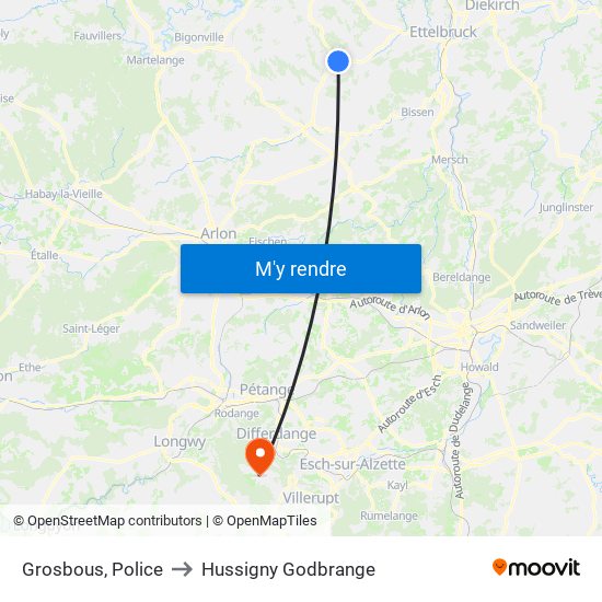 Grosbous, Police to Hussigny Godbrange map