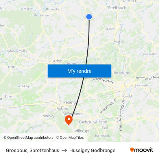 Grosbous, Sprëtzenhaus to Hussigny Godbrange map