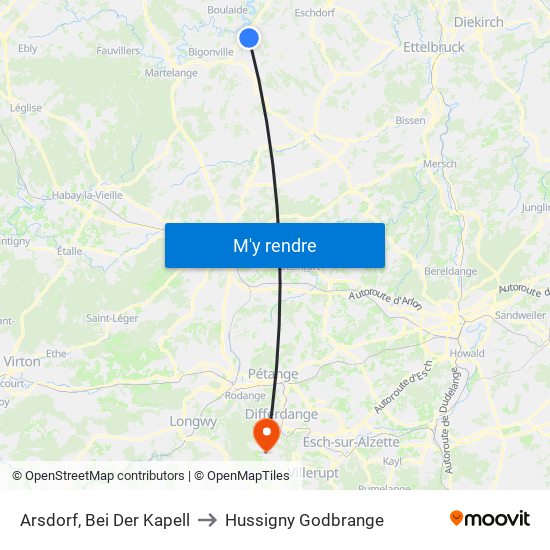 Arsdorf, Bei Der Kapell to Hussigny Godbrange map