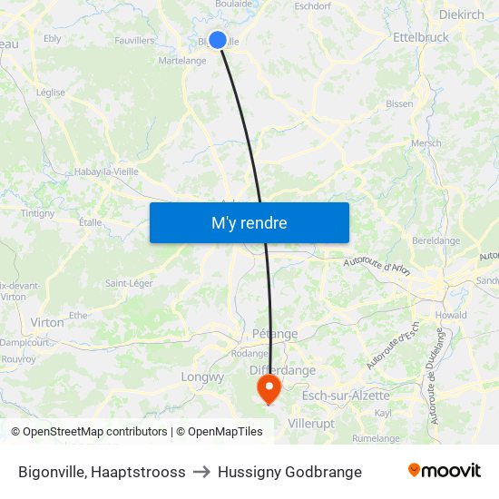 Bigonville, Haaptstrooss to Hussigny Godbrange map
